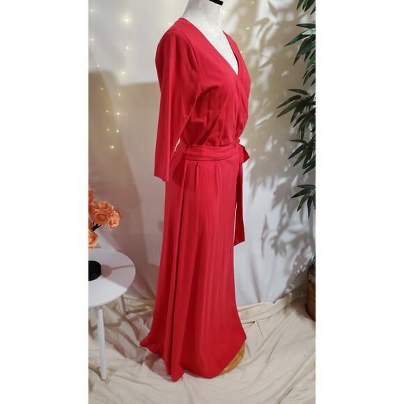 Soft Surroundings Faux Wrap Tie Waist Maxi Dress Size S Red 1/2 Sleeve V-Neck - Picture 4 of 10